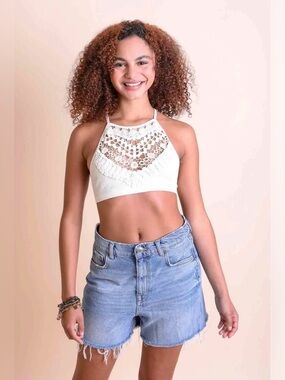 High Neck Crochet Halter Crop Top - Cream